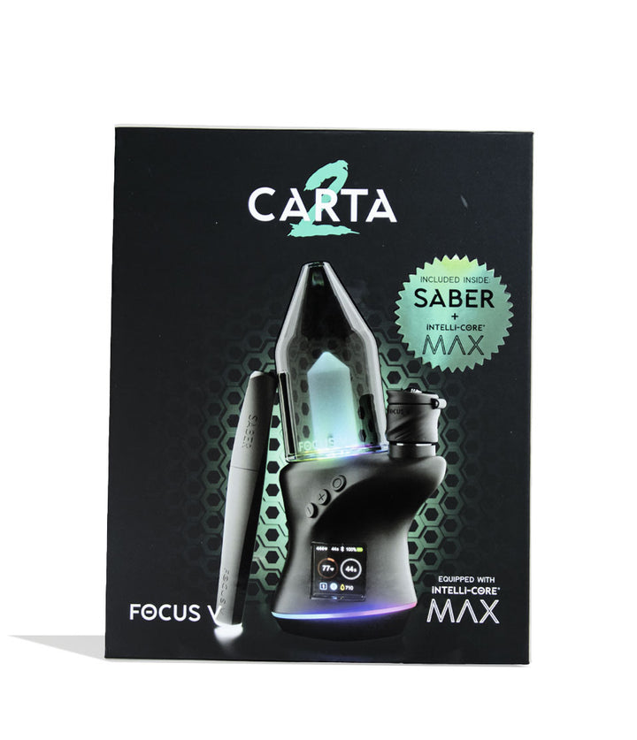 Black Focus V Carta 2 Electronic Dab Rig and Saber Hot Knife Deluxe Kit Packaging Front View on White Background