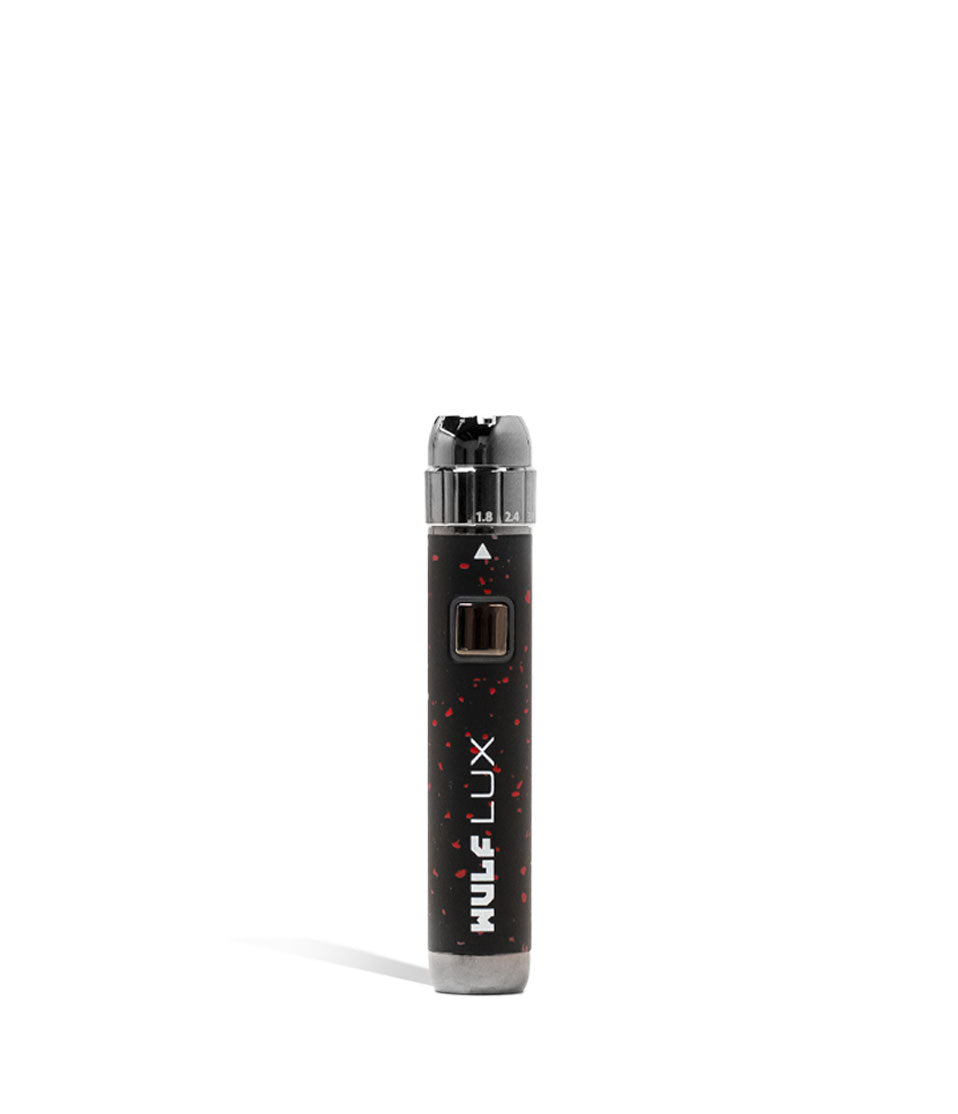 Black Red Spatter Wulf Mods LUX Cartridge Vaporizer Front View on White Background