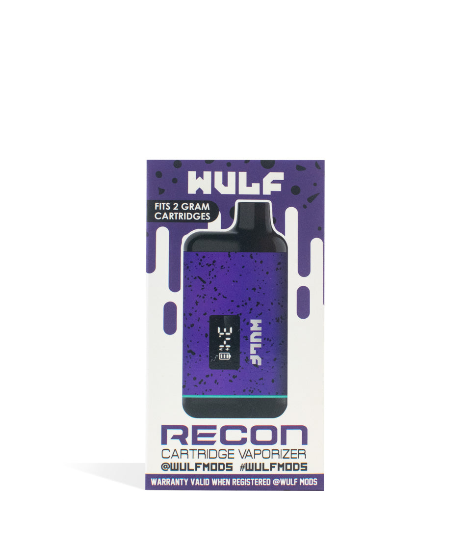 Purple-Black Spatter Packaging Wulf Mods Recon Cartridge Vaporizer on white background