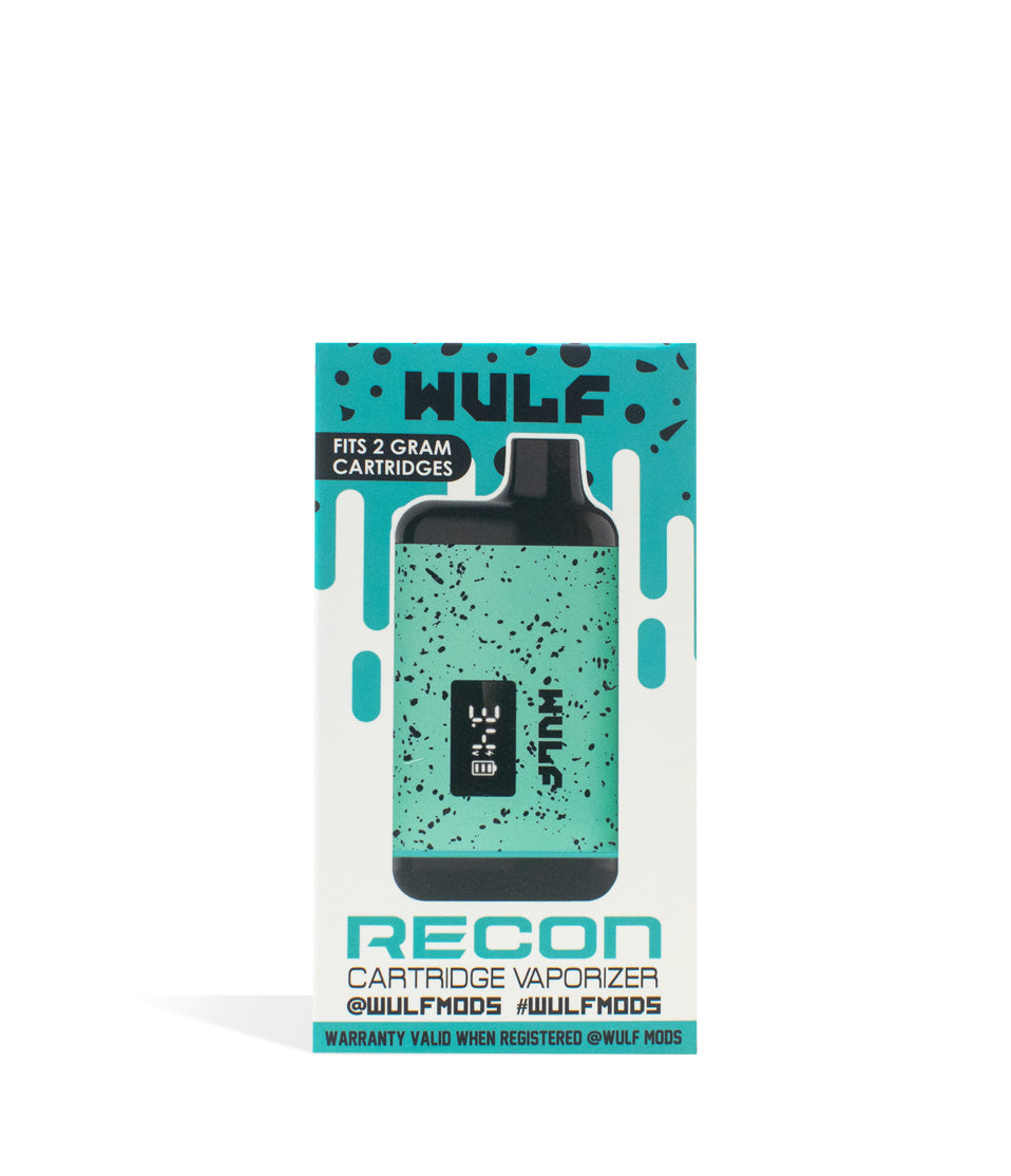 Teal-Black Spatter Packaging Wulf Mods Recon Cartridge Vaporizer on white background